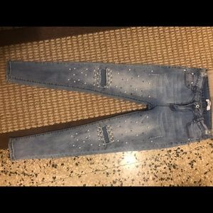 Pearled Embellished Jeans with rips, light blue